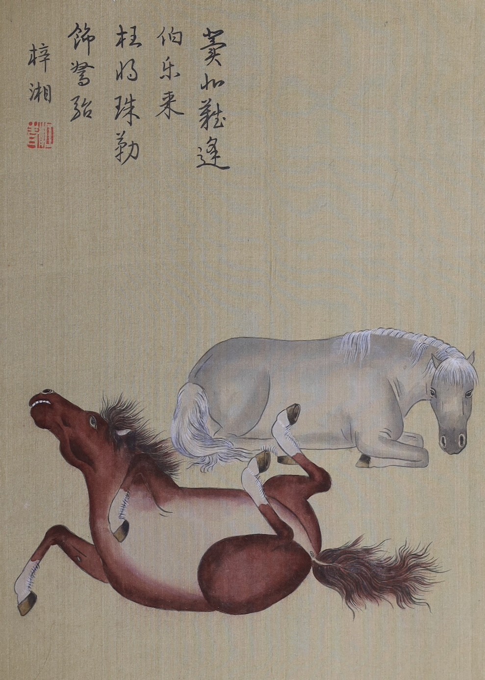 Chinese School, early 20th century, album of 6 paintings on silk of horses, 29 x 21cm